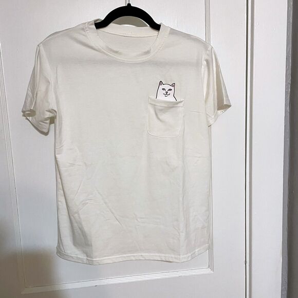 T Shirt Pocket Cat Hidden Middle Finger Funny Small White - Picture 1 of 3